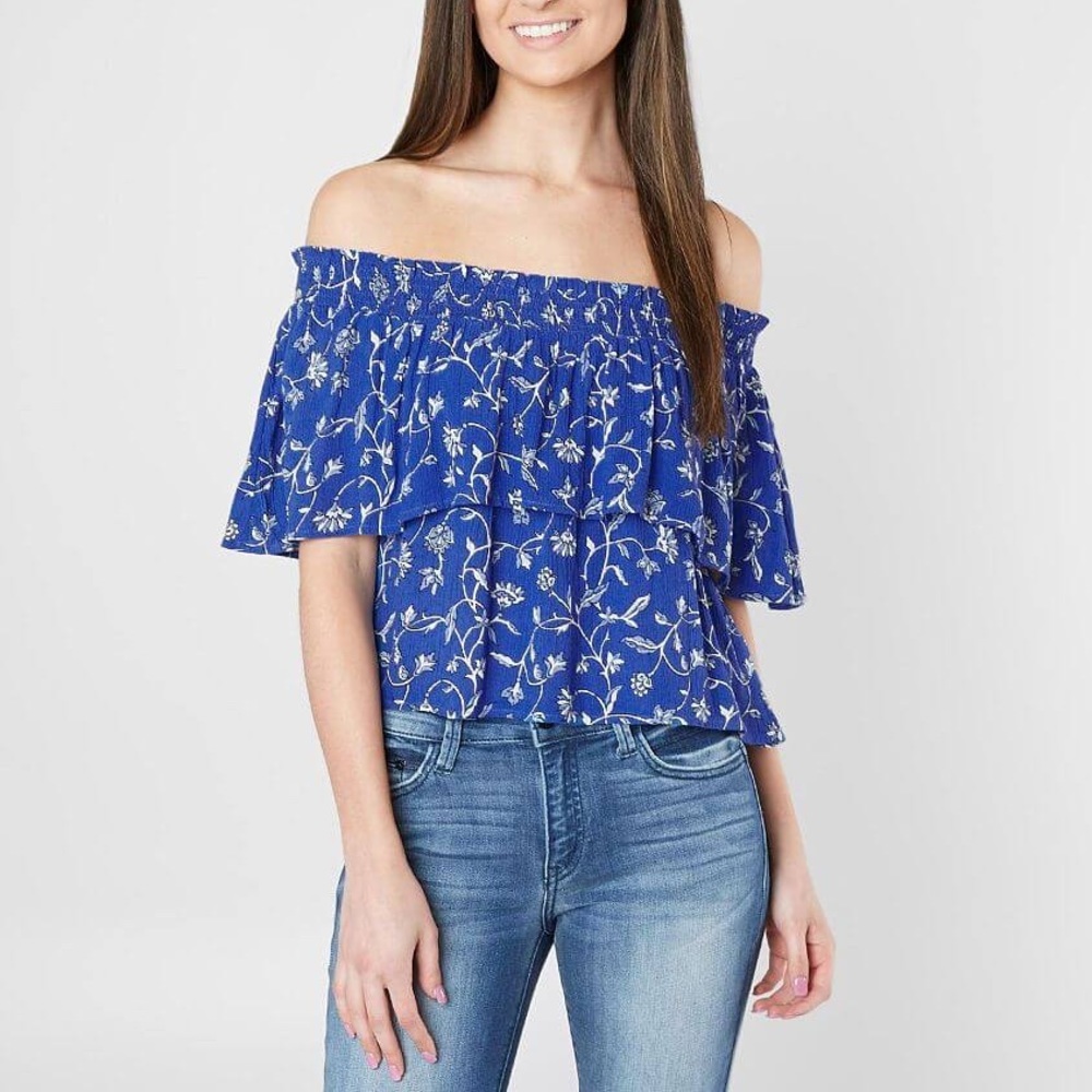 Amuse Society In Your Dreams Blue Floral Gauze Crop Off Shoulder Top Small